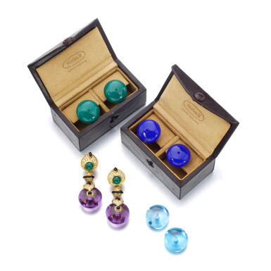 View full screen - View 1 of Lot 1215. Pair of gem set and diamond ear clips, 'Pneu'.