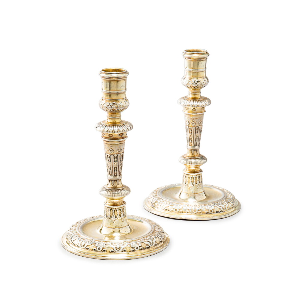 View full screen - View 1 of Lot 809. A pair of William and Mary silver-gilt candlesticks, London, circa 1695.
