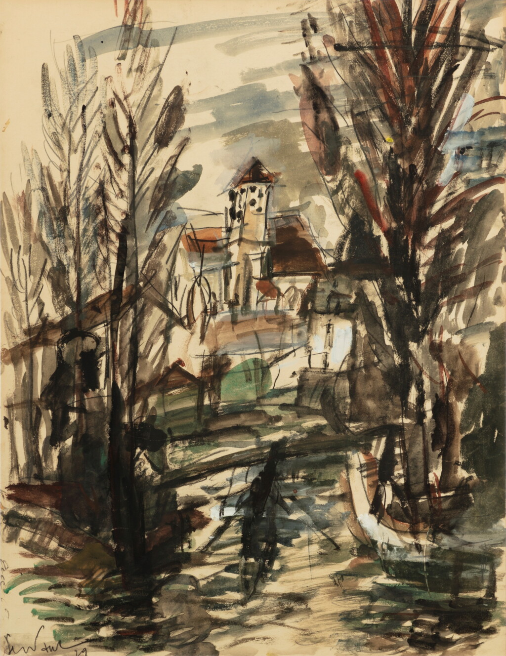 View full screen - View 1 of Lot 393. Paysage au clocher.