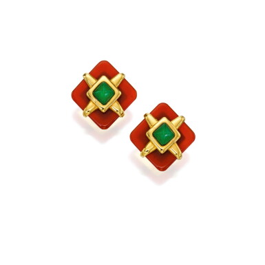 View full screen - View 1 of Lot 6. Aldo Cipullo | Pair of Carnelian and Jade Earclips.