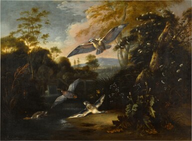 View full screen - View 1 of Lot 75. Wooded landscape with ducks chased by a bird of prey.