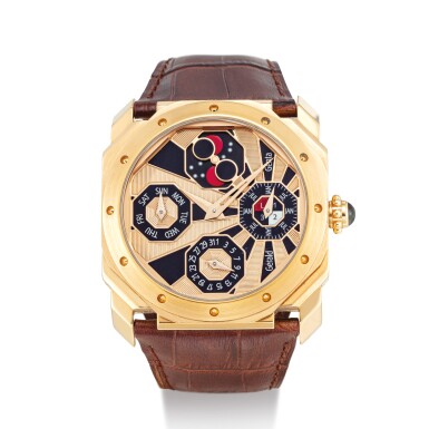 View full screen - View 1 of Lot 2026. GERALD GENTA | OCTO PERPETUAL CALENDAR MODEL, REFERENCE QQM.Y.50 A PINK GOLD PERPTEUAL CALENDAR WRISTWATCH WITH MOON PHASES AND LEAP YEAR INDICATION, CIRCA 2000 | "Octo Perpetual Calendar Model 型號QQM.Y.50 粉紅金萬年曆腕錶,備月相及閏年顯示,錶殼編號91及121581,約2000年製".