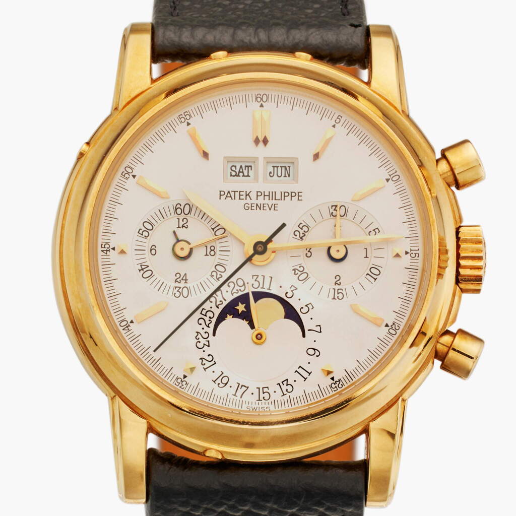 View full screen - View 1 of Lot 20. Reference 3970E '3rd Series' | A yellow gold perpetual calendar chronograph wristwatch with moon phases, leap year, and 24-hour indication, Circa 1992.