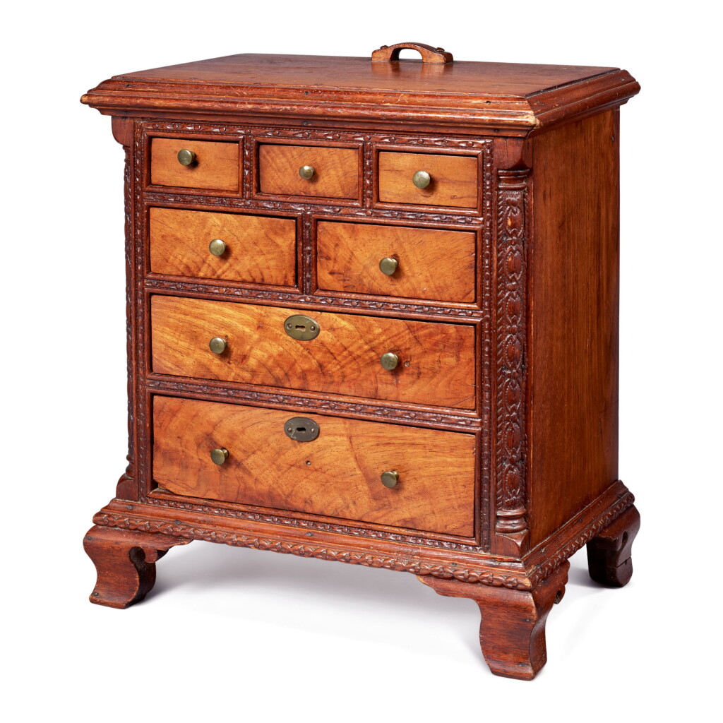 View full screen - View 1 of Lot 1668. VERY RARE MINIATURE CHIPPENDALE CARVED AND FIGURED WALNUT CHEST OF DRAWERS, BERKS COUNTY, PENNSYLVANIA, CIRCA 1780.