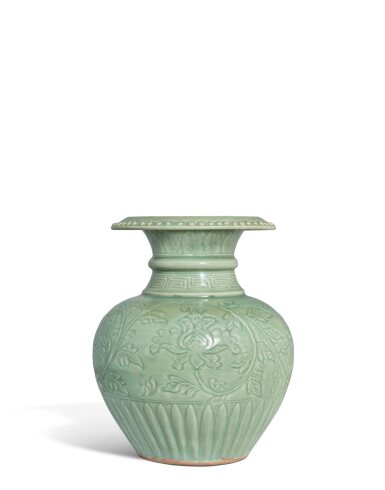View full screen - View 1 of Lot 3682. A Longquan celadon pomegranate jar, zhiliuzun, Early Ming dynasty | 明初 龍泉青釉纏枝牡丹紋石榴尊.