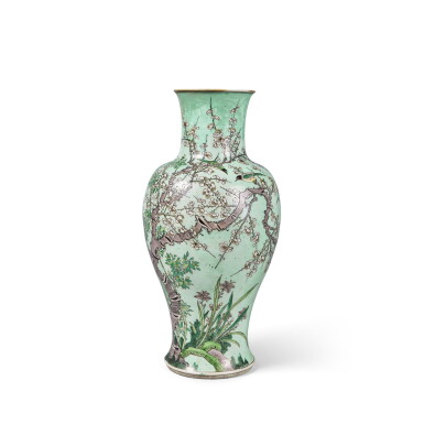 View full screen - View 1 of Lot 183. A pale-green-ground famille-verte 'magpie and prunus' baluster vase, Qing dynasty, 19th century.
