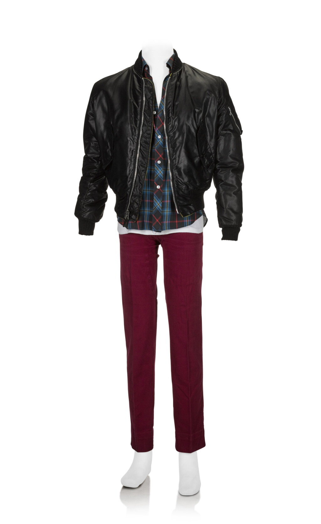 View full screen - View 1 of Lot 2195. Freddie Mercury's Mr Bad Guy press call worn shirt with black bomber jacket, vest and trousers, late 1970s - mid-1980s.