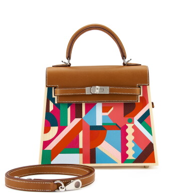 View full screen - View 1 of Lot 7702. Limited Edition Fauve Barenia, Multicolor Clemence, Togo, Epsom, Madame, Tadelakt, Chèvre and Wood Kellywood Perspective Cavaliere Kelly 22 Palladium Hardware, 2022 .