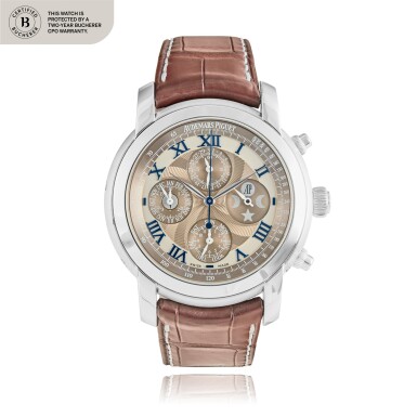 View full screen - View 1 of Lot 550. 'Arnold's All-Stars' Jules Audemars, Ref. 26094BC.OO.D095CR.01 Limited edition white gold perpetual calendar chronograph wristwatch with moon phases and leap-year indication Circa 2010 | 愛彼 26094BC.OO.D095CR.01型號「'Arnold's All-Stars' Jules Audemars」限量版白金萬年曆計時腕錶備月相及閏年顯示,年份約2010.