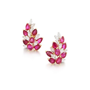 View full screen - View 1 of Lot 232. Paire de boucles d'oreille rubis et diamants | Pair of ruby and diamond earrings.