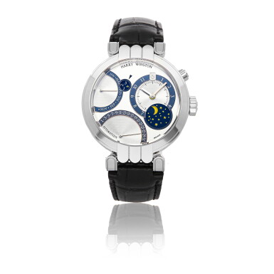 View full screen - View 1 of Lot 163. HARRY WINSTON | PREMIER EXCENTER BI-RETRO PERPETUAL CALENDAR REFERENCE 200-MAPC 41W A WHITE GOLD AUTOMATIC WRISTWATCH CIRCA 2005.