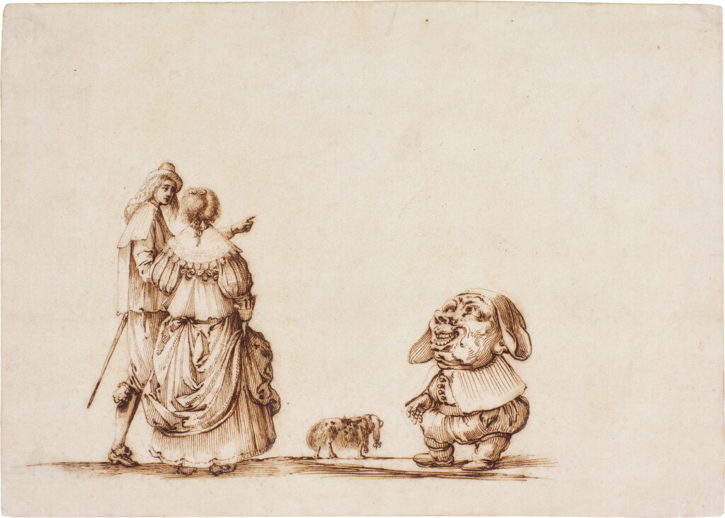 View full screen - View 1 of Lot 83. An Elegant Couple with a Dwarf, walking their dog.