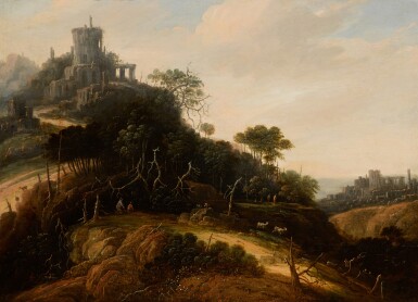 全螢幕檢視 - 查看54ABRAHAM BLOMMAERT | An imaginary mountainous landscape, with figures, animals, and castle ruins beyond的1