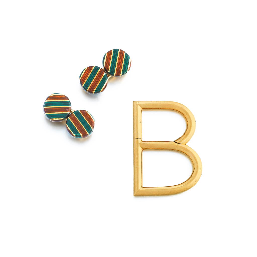 View full screen - View 1 of Lot 15. Pair of Enamel Cufflinks and a Gold Keychain.