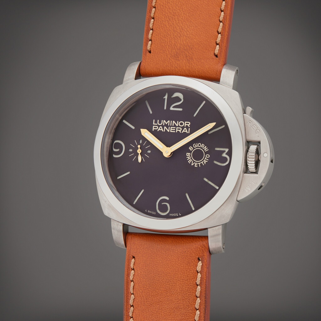 View full screen - View 1 of Lot 30. Reference PAM00203 Luminor 1950 8 Days | A limited edition stainless steel wristwach with an early historic movement and 8-day power reserve, Circa 2005 | The Hammer Collection.
