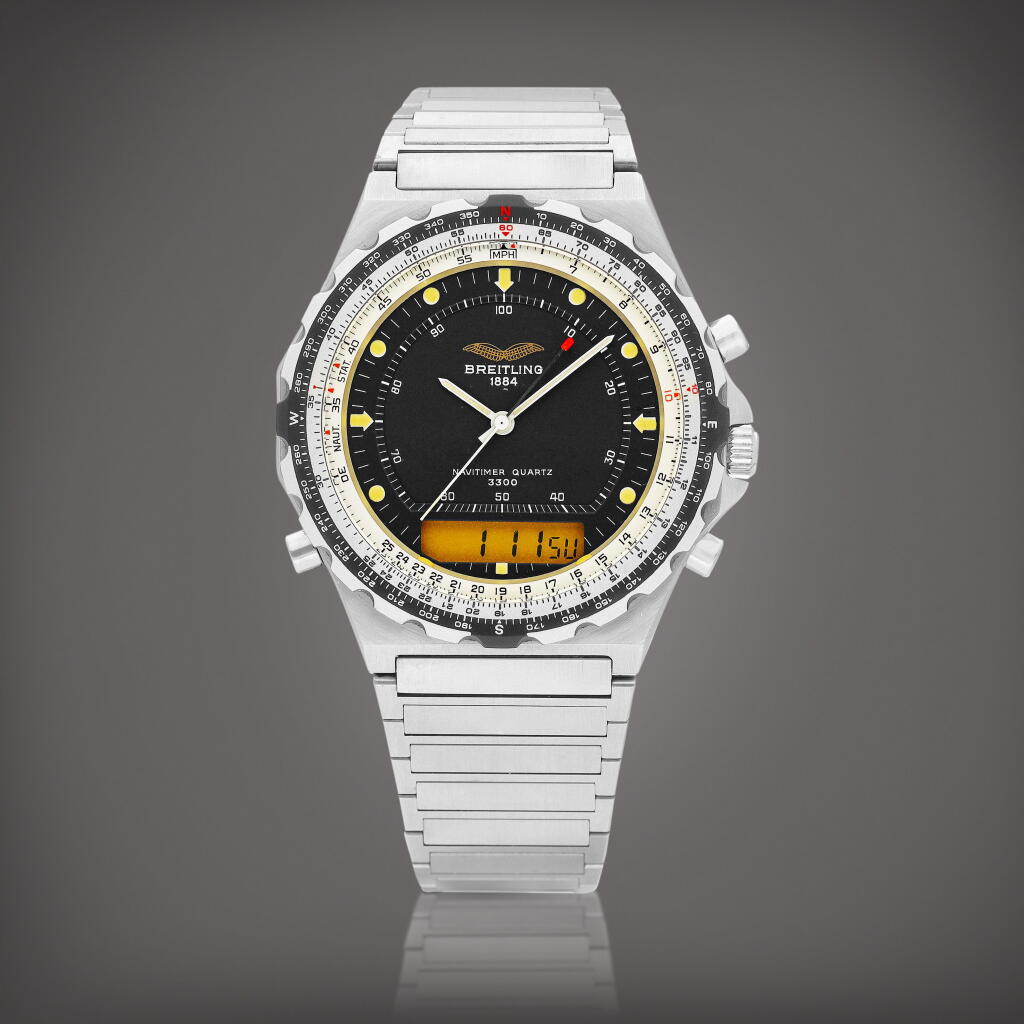View full screen - View 1 of Lot 8924. Navitimer Jupiter Quartz 3300, Reference 80971 | A stainless steel multi function wristwatch with bracelet, Circa 1985 | 百年靈 | Navitimer Jupiter Quartz 3300 型號80971 | 精鋼多功能鏈帶腕錶,約1985年製.