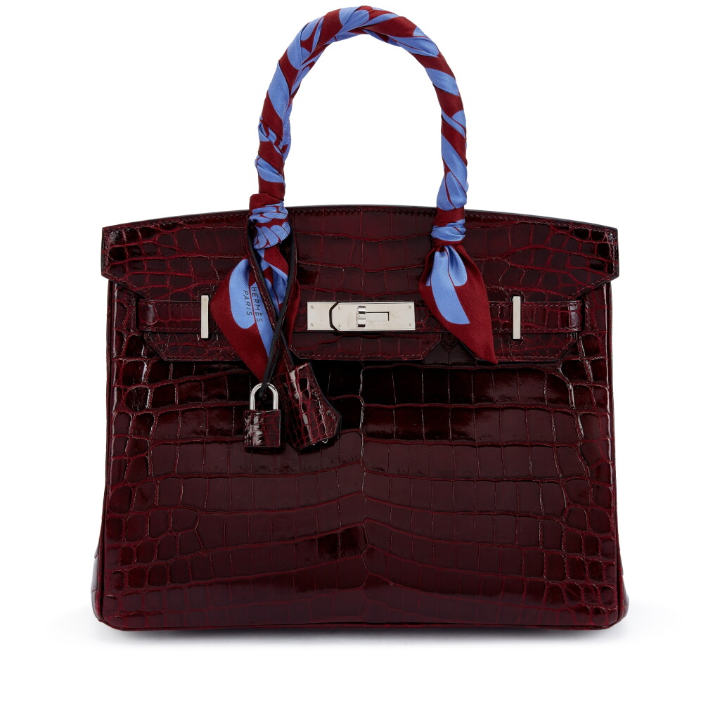 View full screen - View 1 of Lot 9794. Bordeaux Shiny Niloticus Crocodile Birkin 30 Palladium Hardware, 2011 and Twilly.