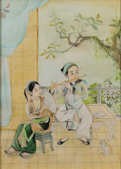 View full screen - View 1 of Lot 13. Tran Dac (1922-1980), Musician couple with a cat | 陳達 (1922-1980), 樂手與貓.
