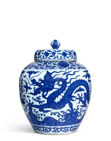 View full screen - View 1 of Lot 3660. A massive blue and white 'dragon' jar and cover, Mark and period of Jiajing | 明嘉靖 青花雲龍獻壽圖蓋罐 《大明嘉靖年製》款.
