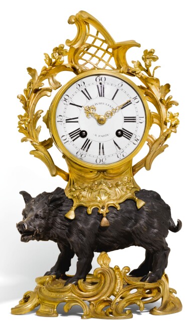 View full screen - View 1 of Lot 136. A LOUIS XV-STYLE PATINATED AND GILT-BRONZE WILD BOAR MANTEL CLOCK, PART 18TH CENTURY.