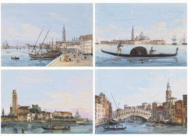 View full screen - View 1 of Lot 148. Four views of Venice: A) Ponte di Rialto B) S. Giorgio Maggiore C) Riva degli Schiavoni D) Punta di Santa Marta.
