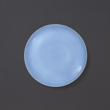View full screen - View 1 of Lot 3501. A fine claire-de-lune-glazed saucer dish, Mark and period of Yongzheng | 清雍正 天藍釉撇口小盤 《大清雍正年製》款.