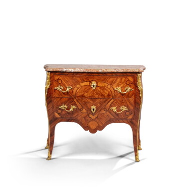 View full screen - View 1 of Lot 617. A Louis XV gilt-bronze-mounted tulipwood, kingwood and marquetry commode, stamped Pierre Roussel, circa 1750-1760.