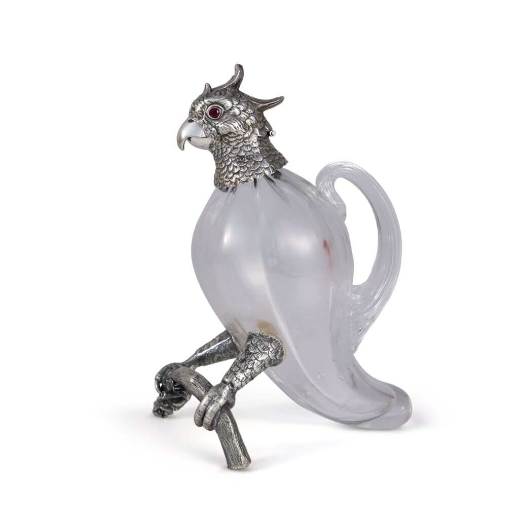 View full screen - View 1 of Lot 395. A Small English Silver-Mounted Glass Parrot Decanter, Maker's Mark E&J, Birmingham, 2000.