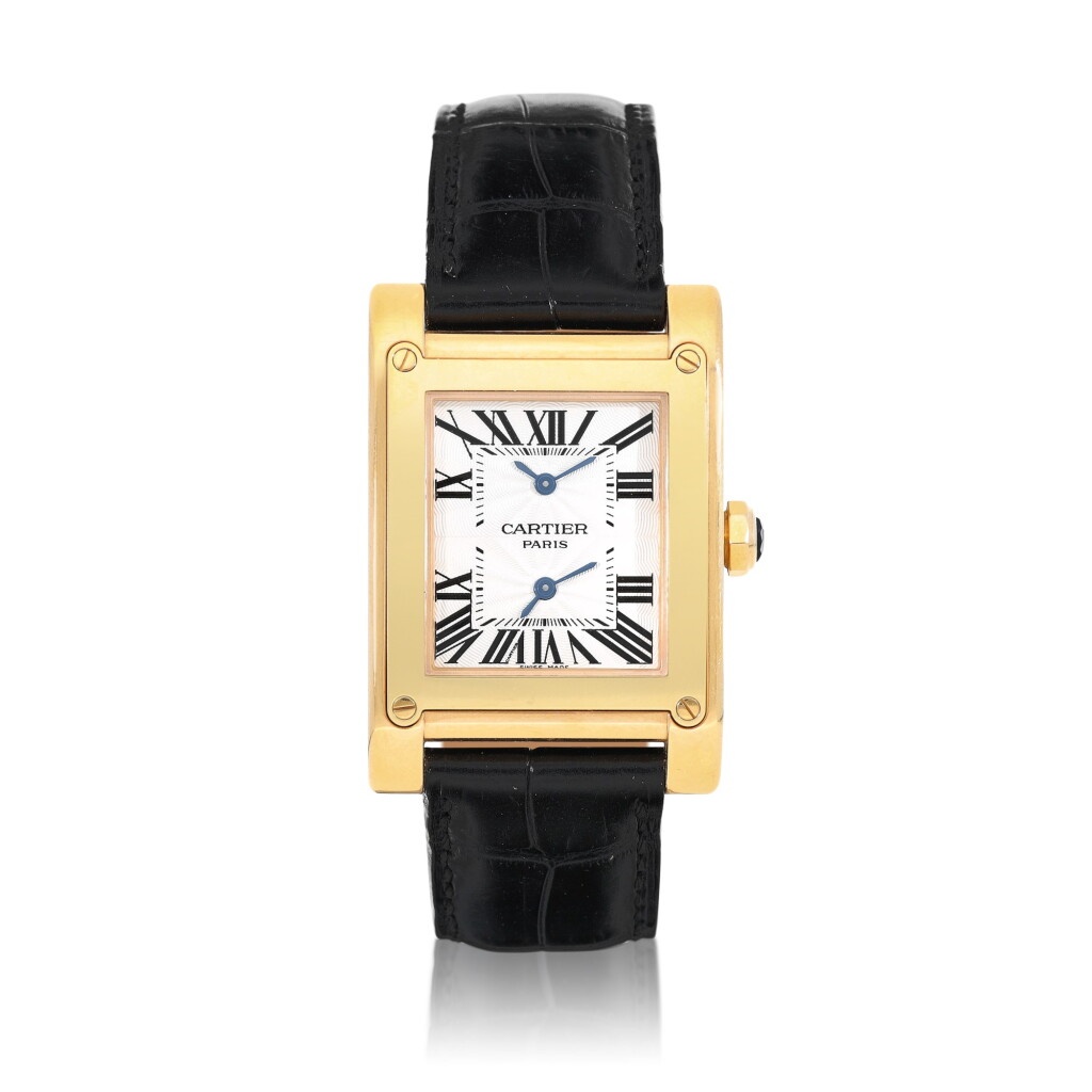 View full screen - View 1 of Lot 9311. Cartier | Tank, Reference 2594, A yellow gold dual time zone wristwatch, Circa 2004 | 卡地亞 | Tank 型號2594 黃金兩地時間腕錶,約2004年製.