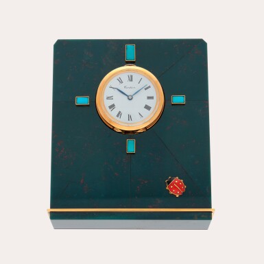 View full screen - View 1 of Lot 106. A rare and unusual 18ct yellow gold and bloodstone boudoir timepiece set with turquoises and an applied ladybird motif | No. 013699 | Circa 1960.