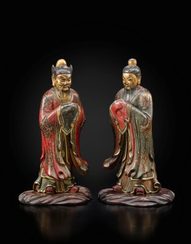 View full screen - View 1 of Lot 150. Two finely painted wood figures of Daoist immortals Early Qing dynasty, 17th century | 清早期 十七世紀 木雕彩繪道教神仙立像兩尊.