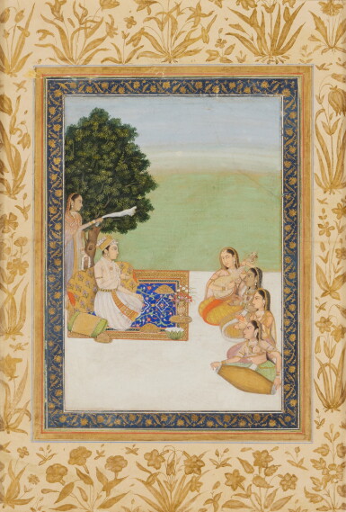 View full screen - View 1 of Lot 527. A Nobleman at Ease on an Outdoor Terrace Listening to Female Musicians, Provincial Mughal / Awadh or Delhi, circa 1790 - 1810.