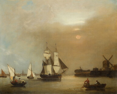 View full screen - View 1 of Lot 82. London, a view of British shipping on the Thames at Millwall with St. Anne's Church, Limehouse, beyond.