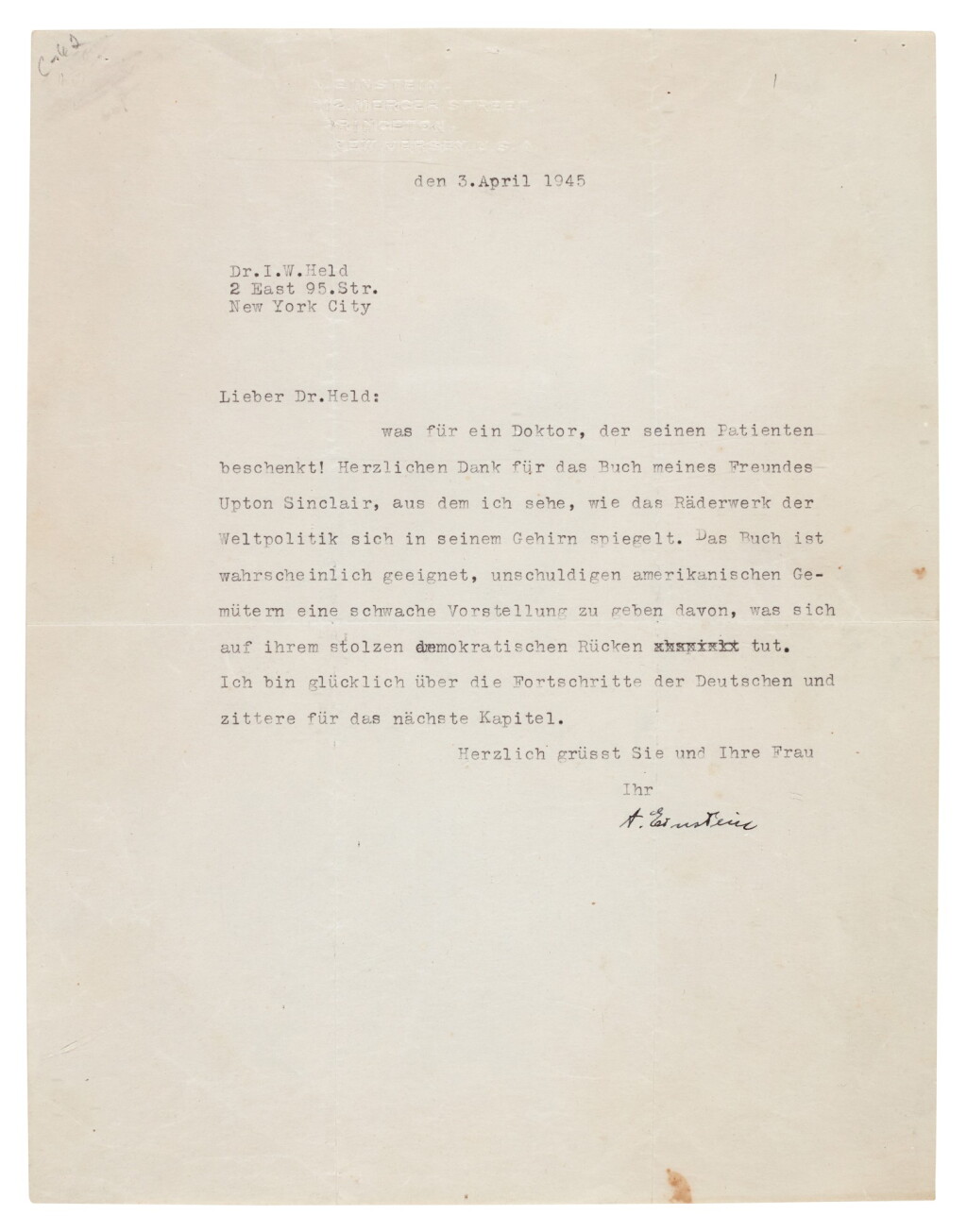 View full screen - View 1 of Lot 54. Albert Einstein | Typed letter signed, to Dr. Isidor W. Held, reflecting at the end of the Nazi era, 3 April 1945.