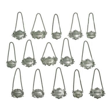View full screen - View 1 of Lot 381. A GROUP OF FIFTEEN ITALIAN SILVER CLARET JUG LABELS, GIANMARIA BUCCELLATI, MILAN, 20TH CENTURY.