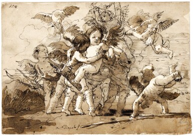 View full screen - View 1 of Lot 62. Cupid and a group of winged putti playing in the clouds.