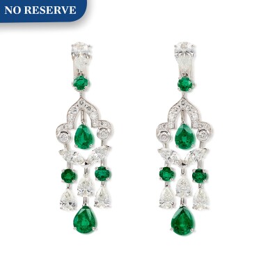 View full screen - View 1 of Lot 1104. 'Chandelier' Pair of Emerald and Diamond Pendent Earrings | 格拉夫| 'Chandelier' 祖母綠 配 鑽石 耳墜一對 (祖母綠及鑽石共重約4.50及6.20克拉).