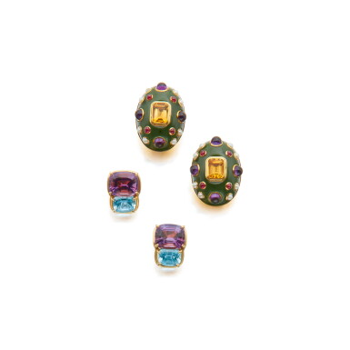 View full screen - View 1 of Lot 57. TWO PAIRS OF GEM-SET EARCLIPS, VERDURA.