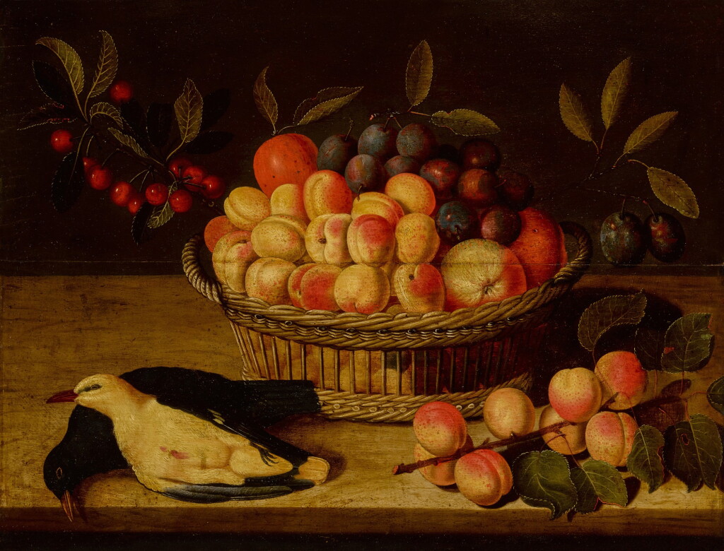 View full screen - View 1 of Lot 326. Still life with a basket of peaches, plums and cherries and two dead pigeons.