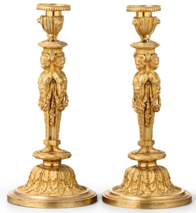 View full screen - View 1 of Lot 77. A PAIR OF LOUIS XVI STYLE GILT-BRONZE CANDLESTICKS, AFTER THE MODEL BY PIERRE GOUTHIÈRE | PAIRE DE FLAMBEAUX AUX CARYATIDES EN BRONZE DORÉ DE STYLE LOUIS XVI, D'APRÈS UN MODÈLE DE PIERRE GOUTHIÈRE.