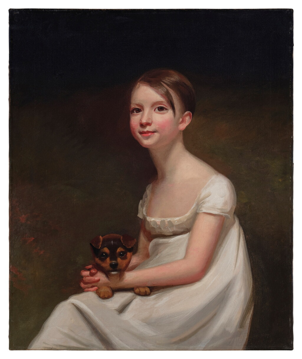 View full screen - View 1 of Lot 352. Portrait of Jeannetta Catherine MacGregor (1800 -1883), as a child, wearing a white muslin frock and holding a dog in her lap.