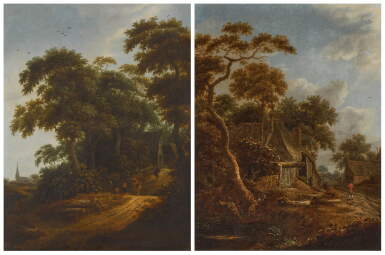 View full screen - View 1 of Lot 67. A pair of wooded landscapes with figures traveling along paths .