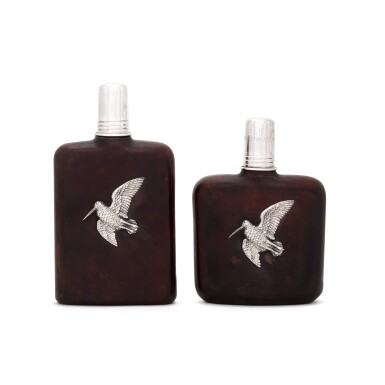 View full screen - View 1 of Lot 92. Two Italian silver-capped and leather covered drink flasks, Florence, 20th century.