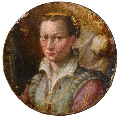 View full screen - View 1 of Lot 17. Portrait of a young woman, bust-length, in a green dress with pink sleeves.