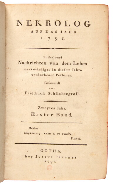 View full screen - View 1 of Lot 29. W.A. Mozart. First edition of the first substantial obituary of Mozart, 1792.