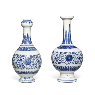 View full screen - View 1 of Lot 653. Two blue and white 'floral' vases, Qing dynasty, 19th century | 清十九世紀 青花纏枝花卉紋瓶一組兩件.