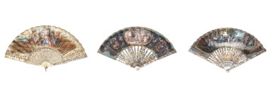 View full screen - View 1 of Lot 162. A groupe of three brisé fans, probably France or Austria, late 18th century | Groupe de trois éventails brisés, probablement France ou Autriche, fin du XVIIIe siècle.