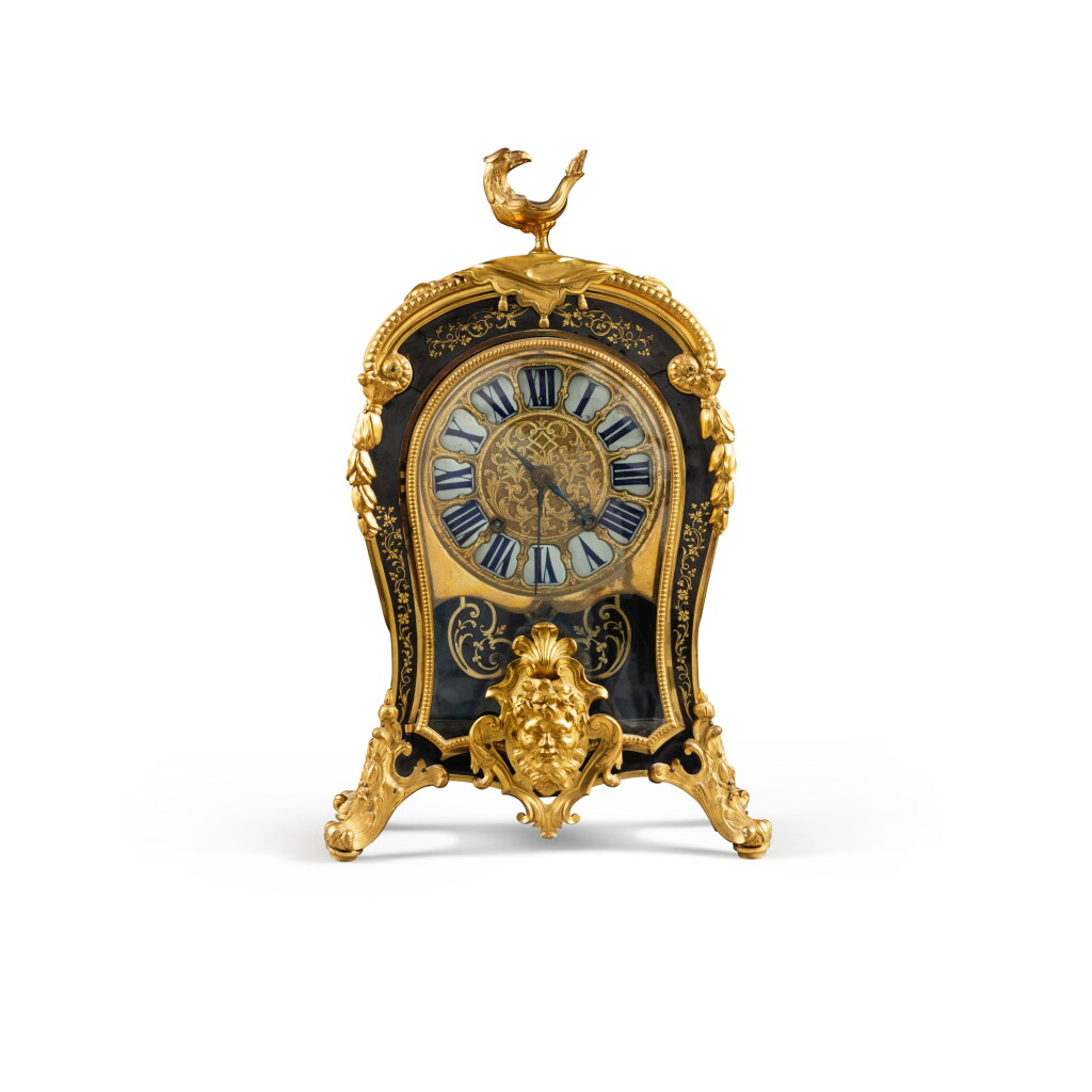 View full screen - View 1 of Lot 171. A Louis XIV gilt-bronze mounted brass and tortoise shell marquetred mantel clock, the clock case attributed to BVRB Ier, circa 1715, the movement signed by Claude Martinot.