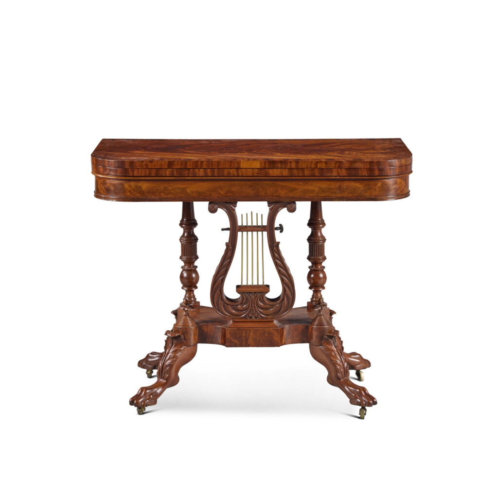 View full screen - View 1 of Lot 122. A Fine and Rare Classical Carved Lyre-Base Games Table, attributed to Duncan Phyfe (1768-1854), New York, circa 1820.