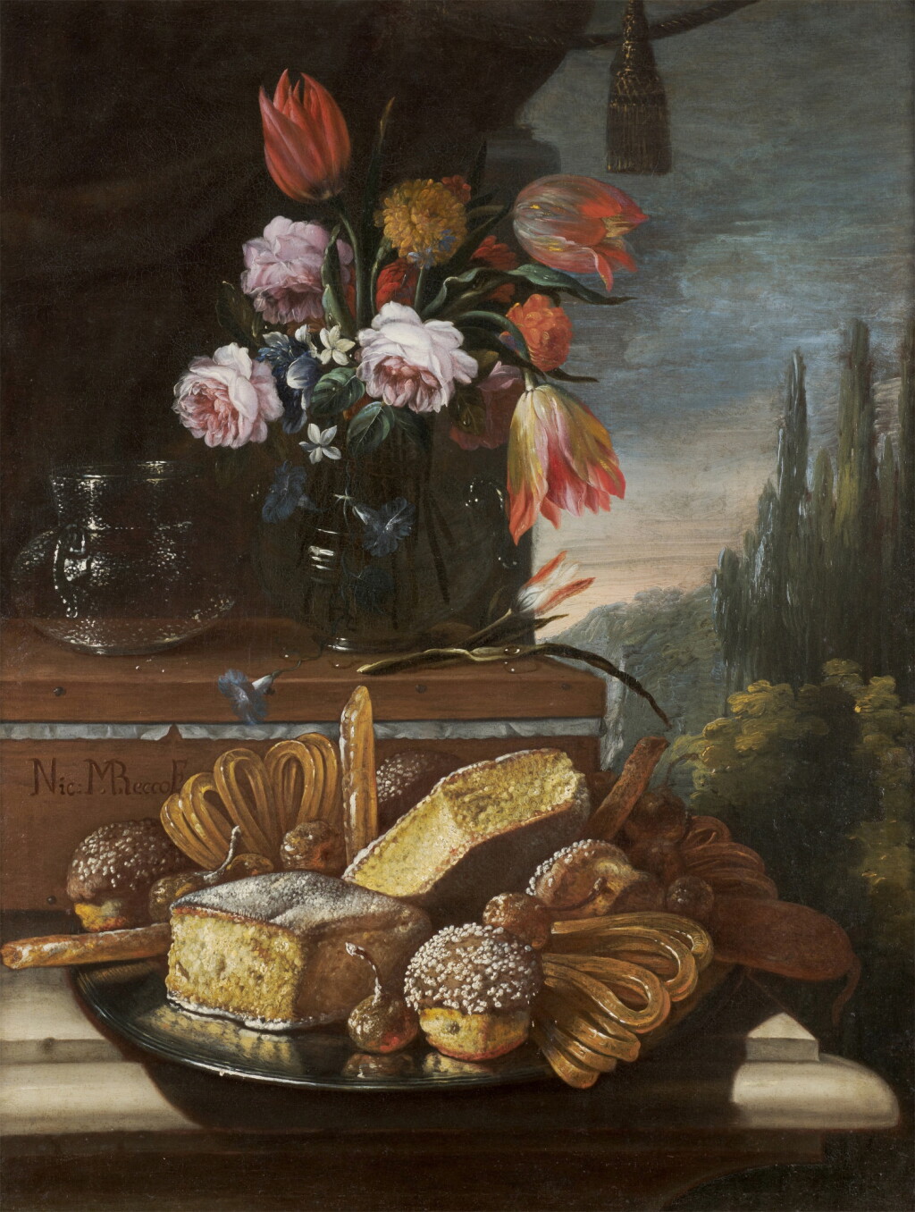 View full screen - View 1 of Lot 69. Still life of cakes and biscuits on a pewter plate, variegated tulips, roses, carnations and other flowers in a glass vase on a wooden box, all on a stone ledge, a forest landscape in the distance.
